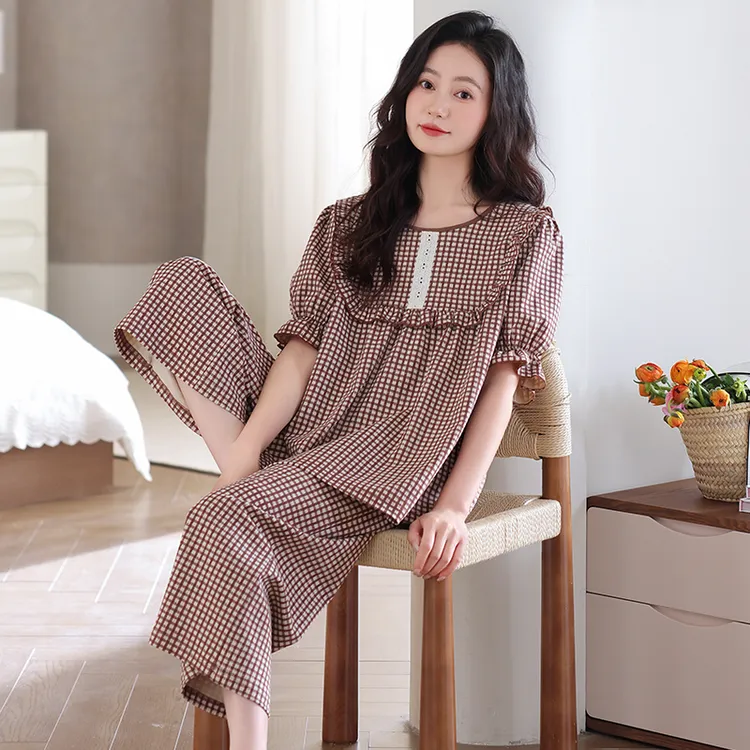 睡衣女夏季女款爆款2025新款夏天纯棉短袖长裤套装大码女士家居服