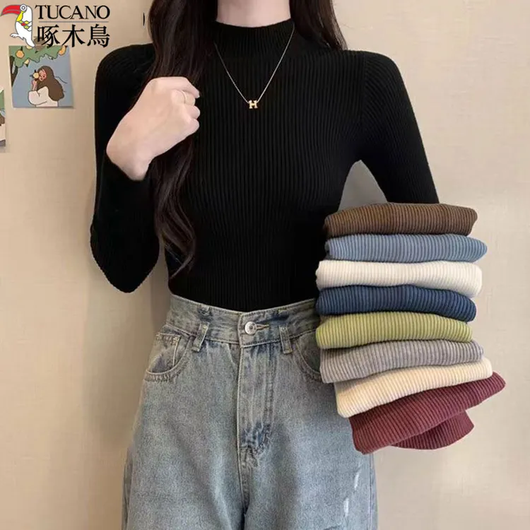 啄木鸟黑色半高领针织衫秋季新款保暖内搭打底衫修身显瘦洋气毛衣