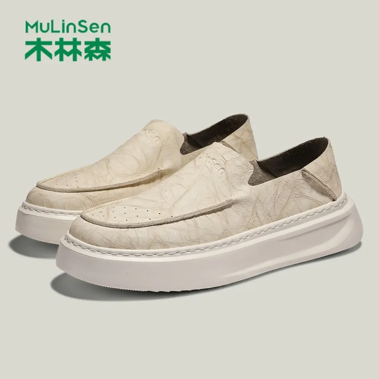 木林森男鞋2025新款秋冬英伦豆豆皮鞋工作休闲一脚蹬老北京乐福鞋