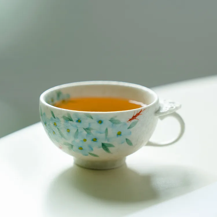 赞朴高档岩矿白纯手绘蓝星花陶瓷把杯单个主人杯茶杯家用功夫茶具