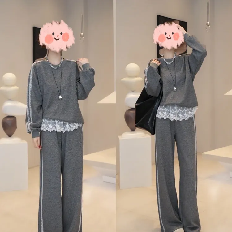 早春时尚套装蕾丝下摆拼接卫衣休闲卫衣两件套女