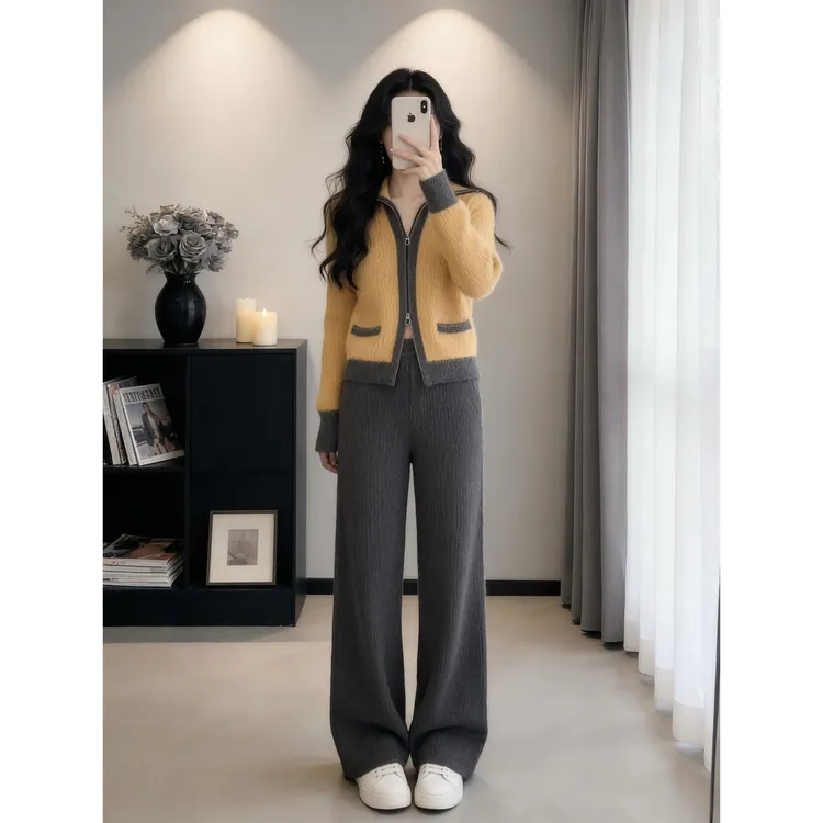 小香风高级感穿搭一整套针织阔腿裤超好看独特漂亮两件套装女冬季