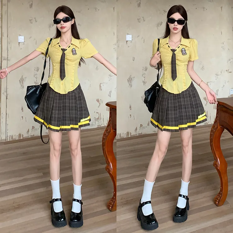 学院风通勤韩版学院时尚套装上衣学生夏季盐系少年感显瘦高腰