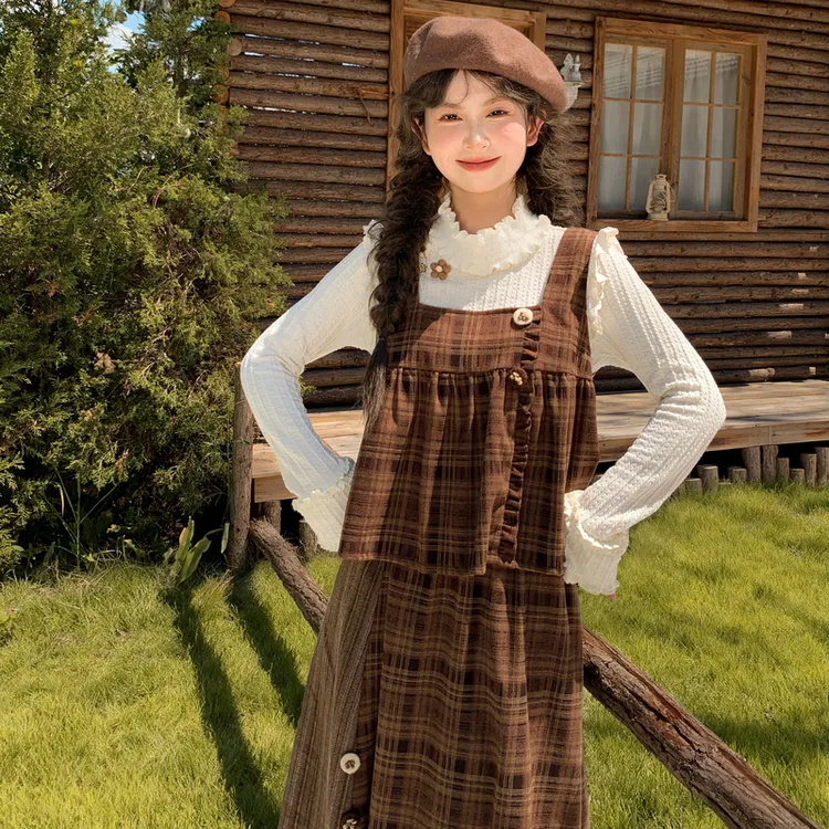 森女部落甜美风宽松时尚套装女2025新款秋冬格子拼接蕾丝花边马甲