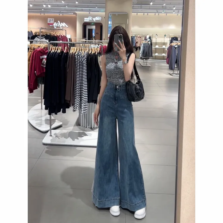 设计感高级大裤脚牛仔裤女2025秋季新款百搭高腰宽松显瘦阔脚裤