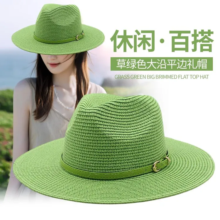 海边草帽女款2025新款夏季海边度假防晒遮阳帽子绿色沙滩帽太阳帽