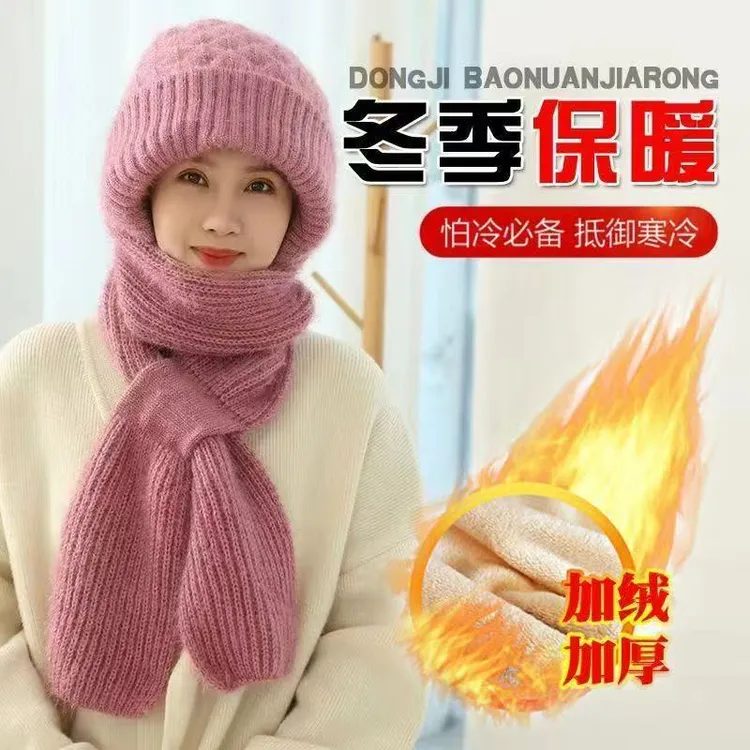 秋冬季女款加绒保暖百搭护耳护脸围巾一体帽一顶