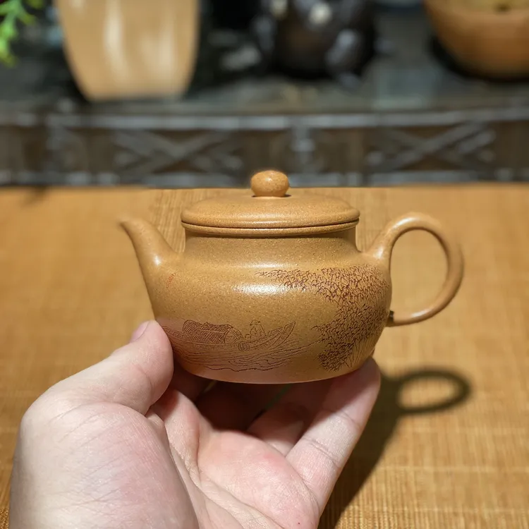 宜兴紫砂壶高仿古壶精工原矿黄金段180cc手工刻绘正宗紫砂泡茶壶