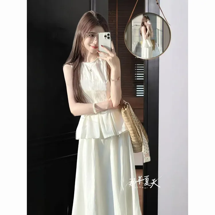 【发财专属】高个子加长亚麻天丝老钱风无袖裙子＋半身裙两件套