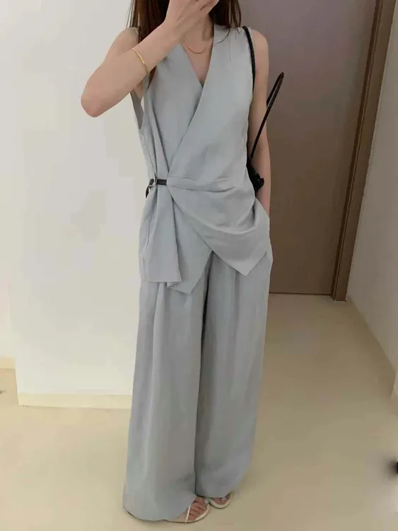 2025夏气质侧绑带设计感背心小衫 简约休闲宽松阔腿休闲裤套装