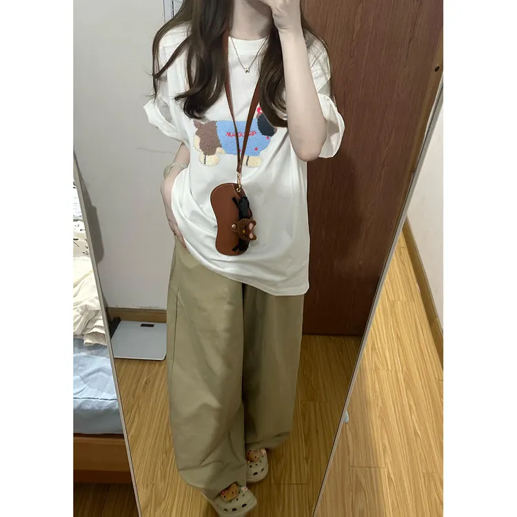 Labzaa刺绣款小狗印花短袖T恤女春款潮牌街头风打底内搭纯棉上衣