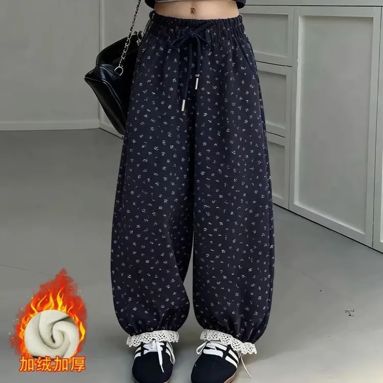 男女童秋冬贝贝绒加绒加厚灯芯绒小碎花休闲束脚高级感韩版长裤子