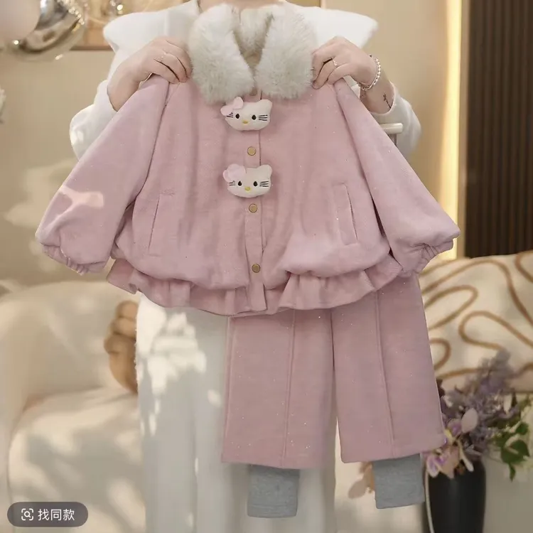 女童冬季套装儿童加绒加厚2025韩版洋气女宝宝两件套拜年喜庆衣服