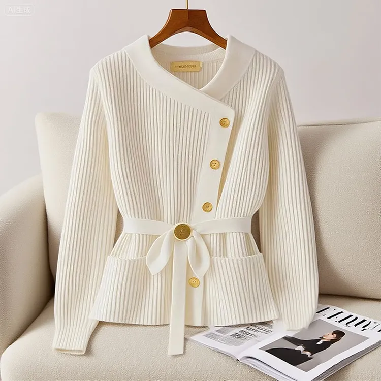 纯欲慵懒风女装别致不规则斜扣掐腰显瘦上衣早秋高级感洋气针织衫