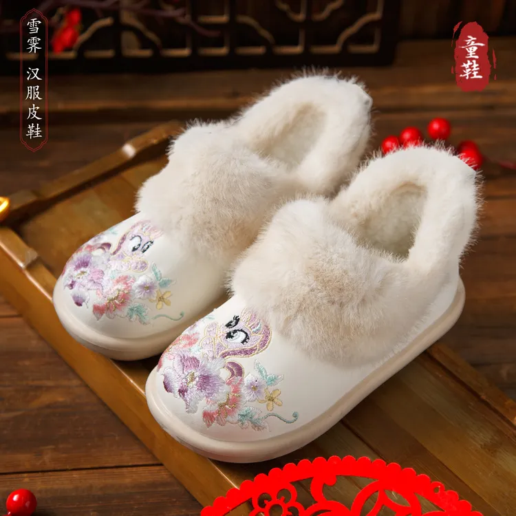 【雪霁】汉服鞋女童冬季加绒古风宝宝拜年短靴新中式儿童绣花皮鞋