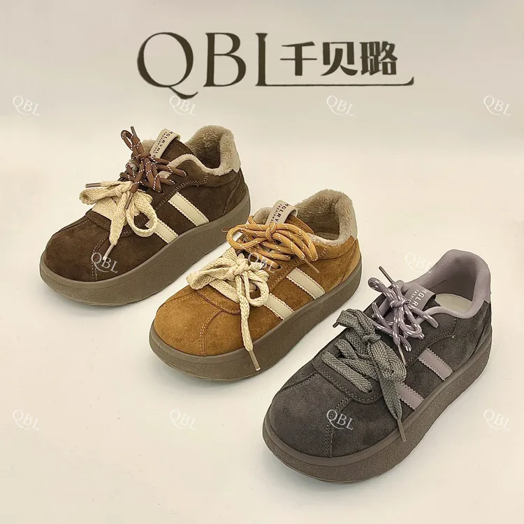 千贝璐复古德训鞋女2025新冬磨砂面厚底松糕休闲百搭板鞋666