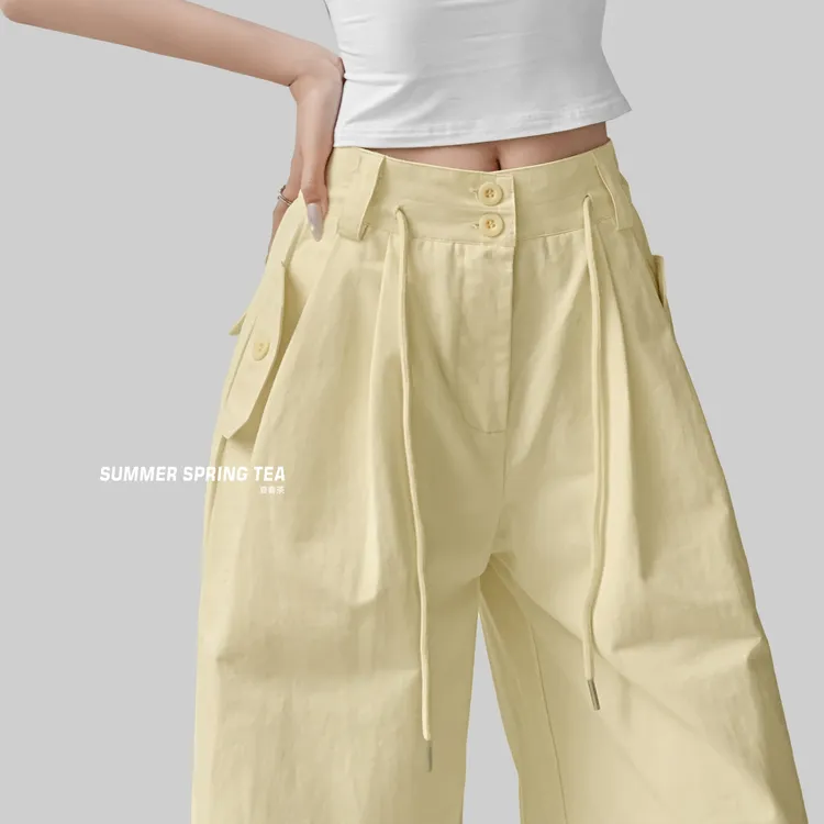 夏春茶美式甜酷设计感休闲工装裤女夏高腰宽松显瘦运动拖地阔腿裤