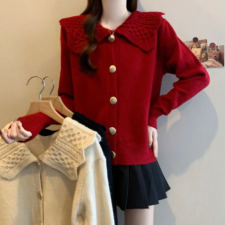 大码娃娃领针织开衫外套女冬季新款微胖妹妹宽松显瘦时尚百搭上衣