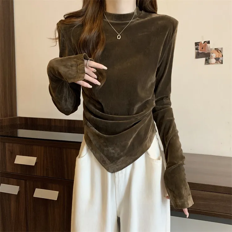 欧货高端丝绒长袖T恤女2025秋新款大码胖mm显瘦洋气爆款小衫上衣