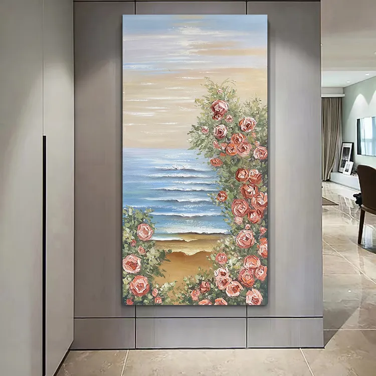 XG 749  海边繁花手绘画玄关装饰画轻奢背景装裱