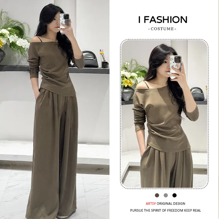 高含棉2026年春秋新款时尚减龄套装女露肩上衣宽松阔腿裤两件套