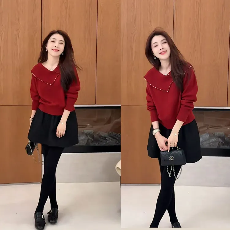 超火圣诞跨年穿搭秋冬搭配一整套今年流行针织毛衣百搭短裙两件套