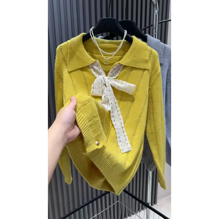 蕾丝扎花蝴蝶结翻领金扣针织开衫女款欧货