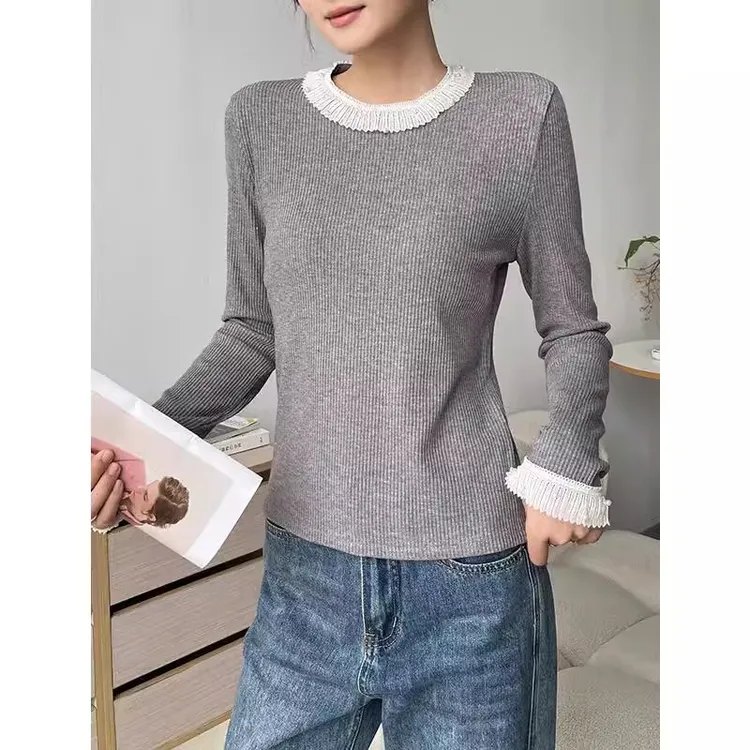 圆领打底衫女秋冬内搭外穿2024新款洋气蕾丝花边拼接修身长袖上衣