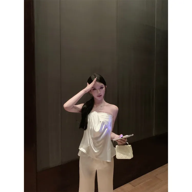 轻奢松弛感一字领褶皱露背上衣套装女气质高腰宽松直筒长裤两件套