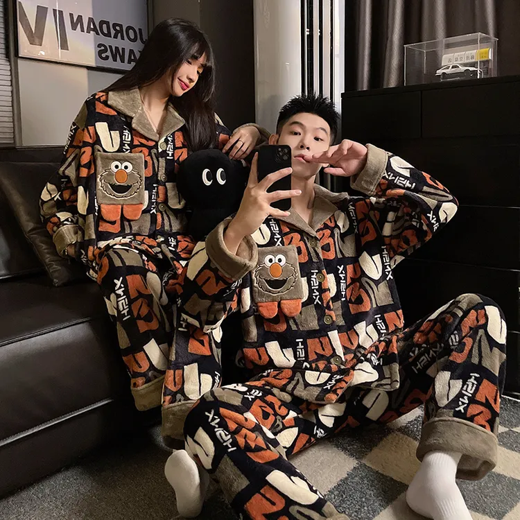 卡通小怪兽珊瑚绒情侣睡衣女款秋冬季加绒加厚青少年男家居服套装