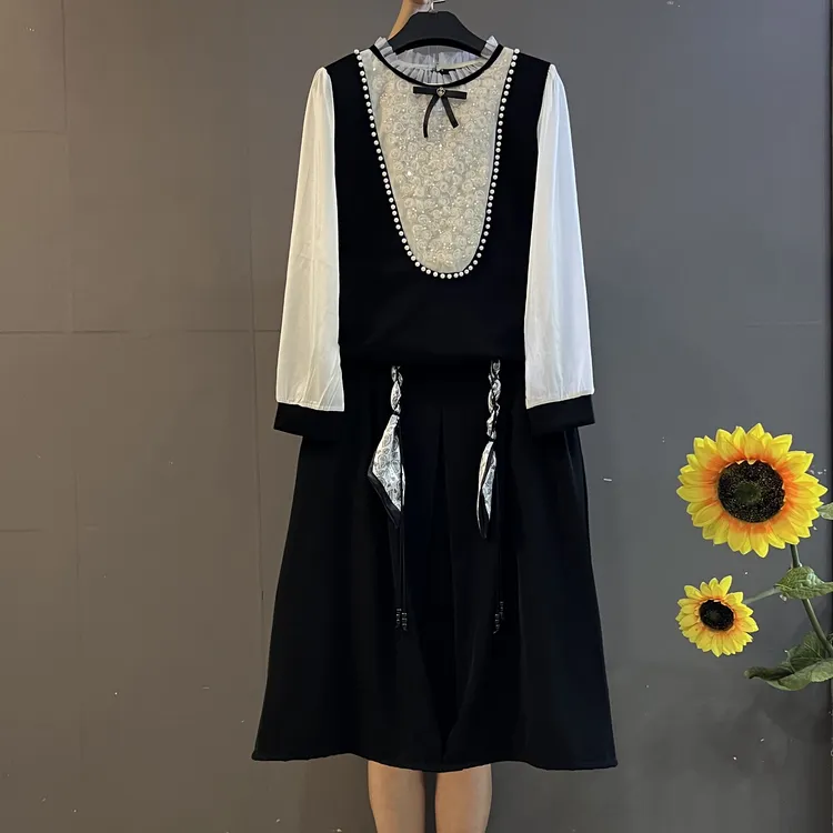 新款韩版气质显瘦重工钉珠亮片拼接显瘦上衣加半身裙