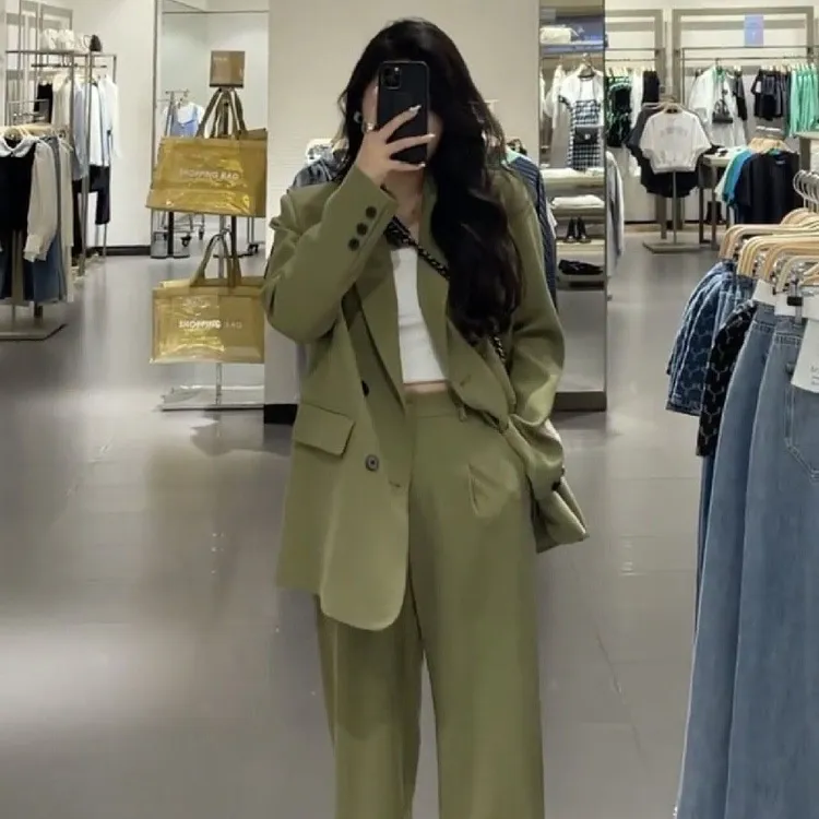 春装新款大码女装洋气西装套装胖mm显瘦职业西服外套阔腿裤两件套