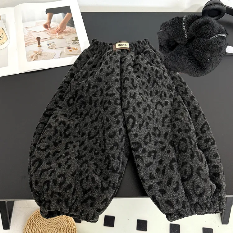 加厚葵花绒冬季加绒加厚豹纹松腰休闲束脚高级感韩版弯刀裤