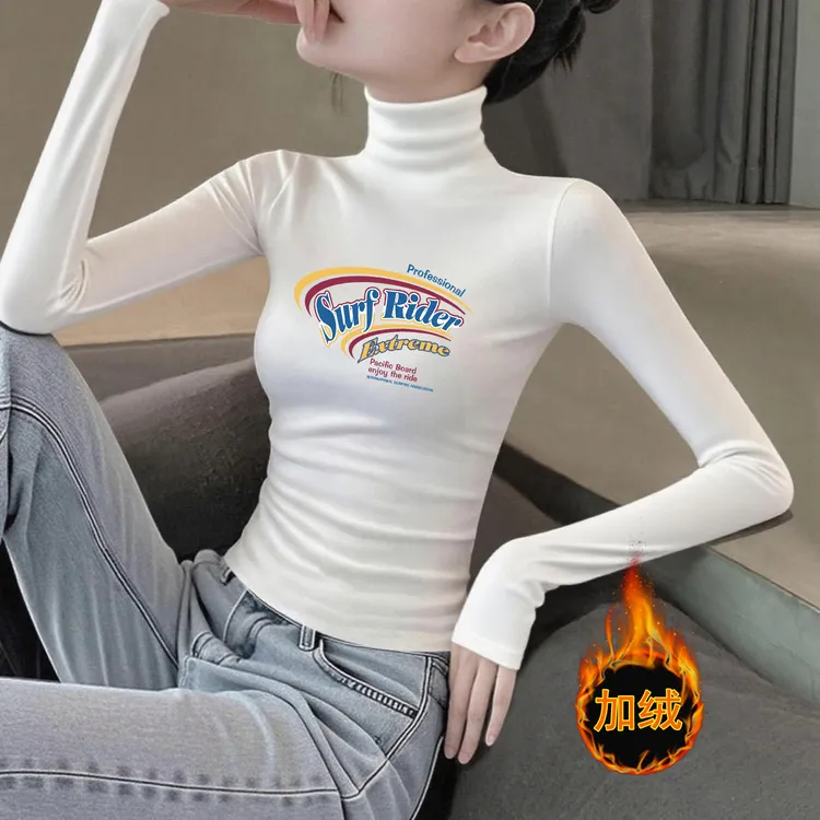 白色德绒高领打底衫女款内搭秋冬加厚磨毛贴身显瘦印花长袖上衣潮