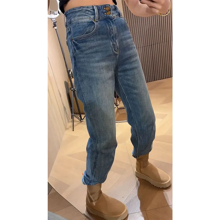 弹力直筒烟管裤2025春季新款时尚百搭蓝色大码高腰宽松显瘦牛仔裤