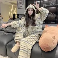 【晓溪服饰】冬装上新韩版对条连帽常规款软乎睡衣套装6907