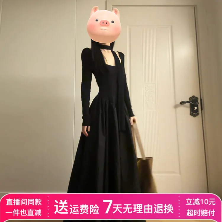 2025新款法式赫本风黑色长袖连衣裙子女气质秋冬季高级感收腰长裙
