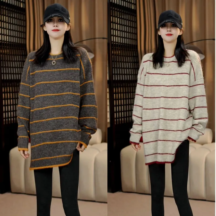 2025秋冬新款套头圆领中长款条纹慵懒长袖针织衫上衣女