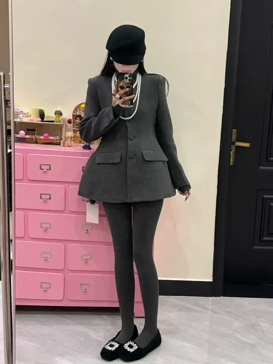 韩系大码灰色收腰西装外套女2025新款单排扣显瘦西服气质名媛上衣