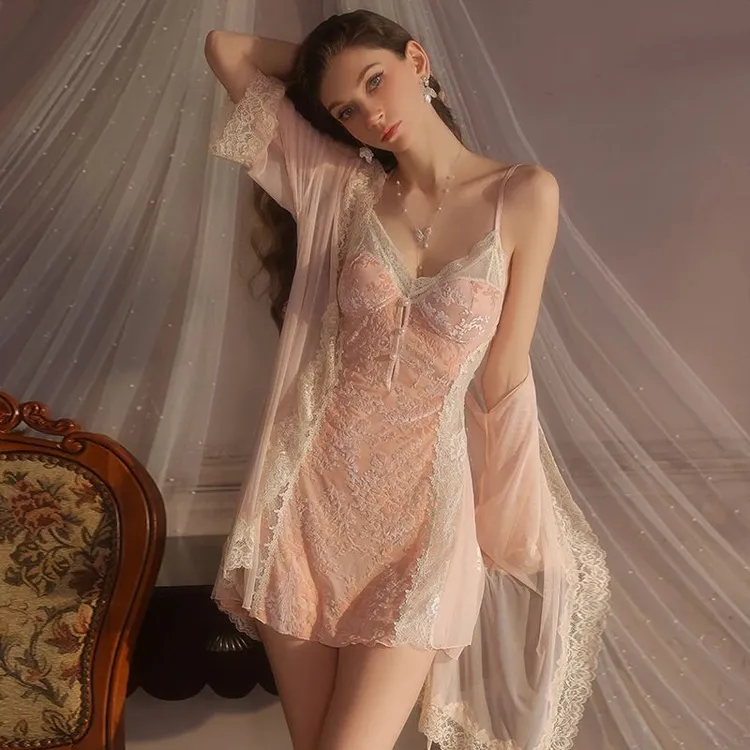 【七夕战袍】新款大码烧花性感加胸垫睡裙外袍家居服套装轻奢蕾丝