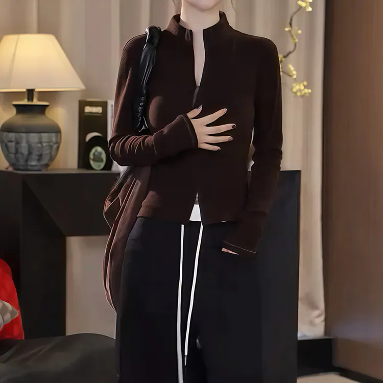 7180设计感立领双拉链长袖上衣女修身百搭显瘦高级感T恤