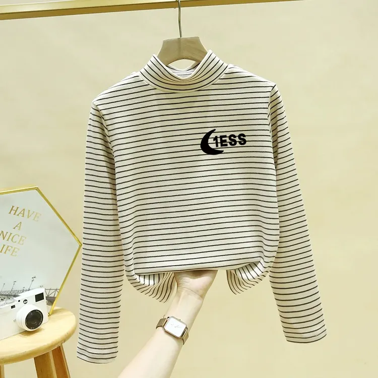 撞色条纹半高领打底衫女德绒加厚秋冬新款美拉德内搭长袖T恤上衣