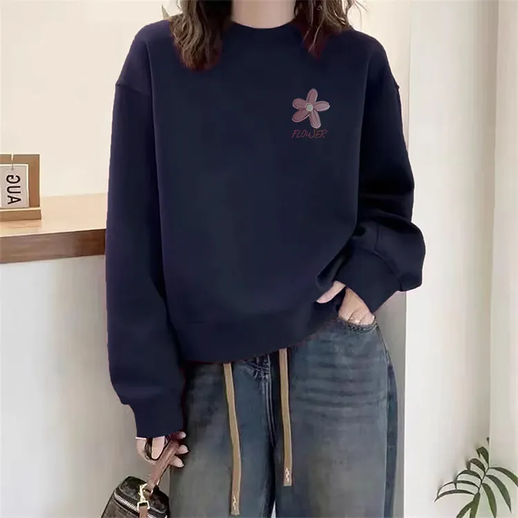 藏青色圆领卫衣女春2025新款爆款秋冬宽松慵懒美式小个子套头上衣