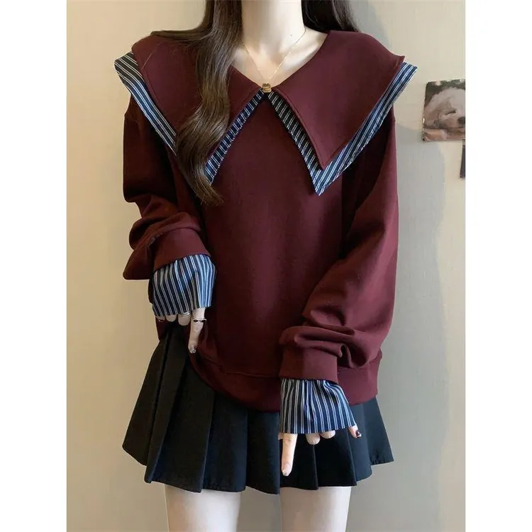 春新款学院风娃娃领长袖卫衣女休闲宽松假两件短款百搭显瘦上衣潮