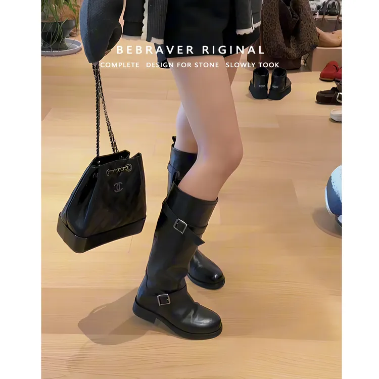 真皮复古皮带扣长筒靴女秋冬粗跟长靴修饰腿型显瘦中筒低跟骑士靴