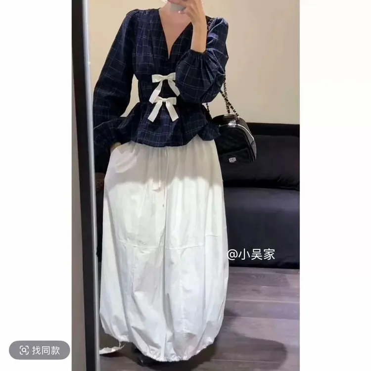 「小吴家」蝴蝶结衬衫套装女2025新款早秋季韩系氛围感穿搭两件套