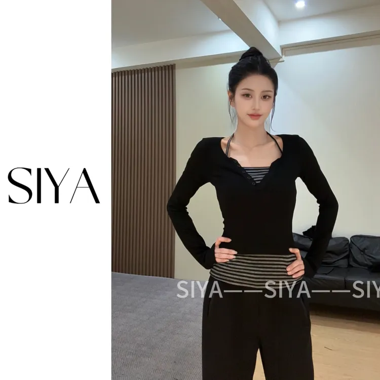 【SIYA】黑色假两件拼接撞色条纹慵懒风长袖T恤修身显瘦上衣