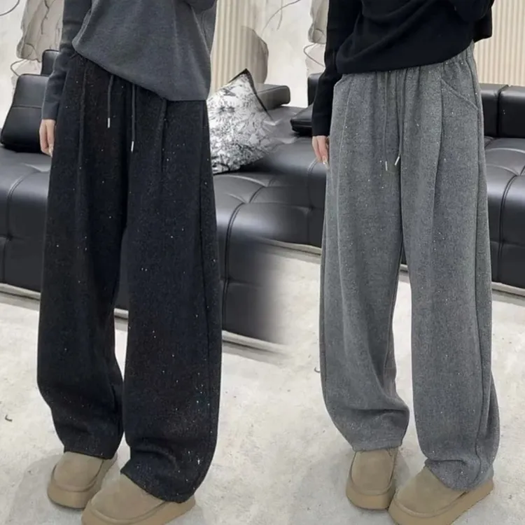 孕妇黑色亮丝细闪阔腿裤2025秋冬款加绒加厚松紧腰抽绳显瘦弯刀裤