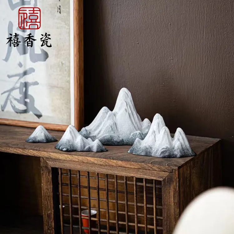 禧香瓷雪山简约小摆件客厅新中式玄关陶瓷鱼缸造景雪山造景鱼缸