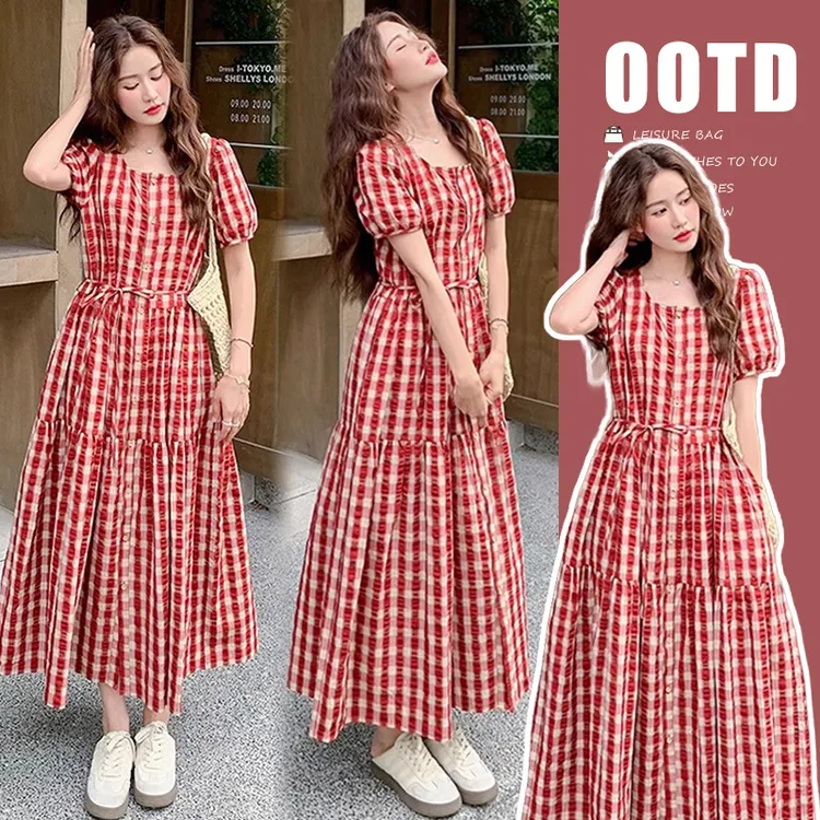 孕妇装新款时尚夏季时髦复古中长款格纹设计感宽松孕妇连衣裙夏装